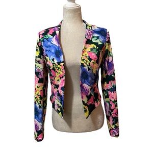 Ovi Blazer Jacket Floral Neon Bright Multicolor Open Front Spring Size Small